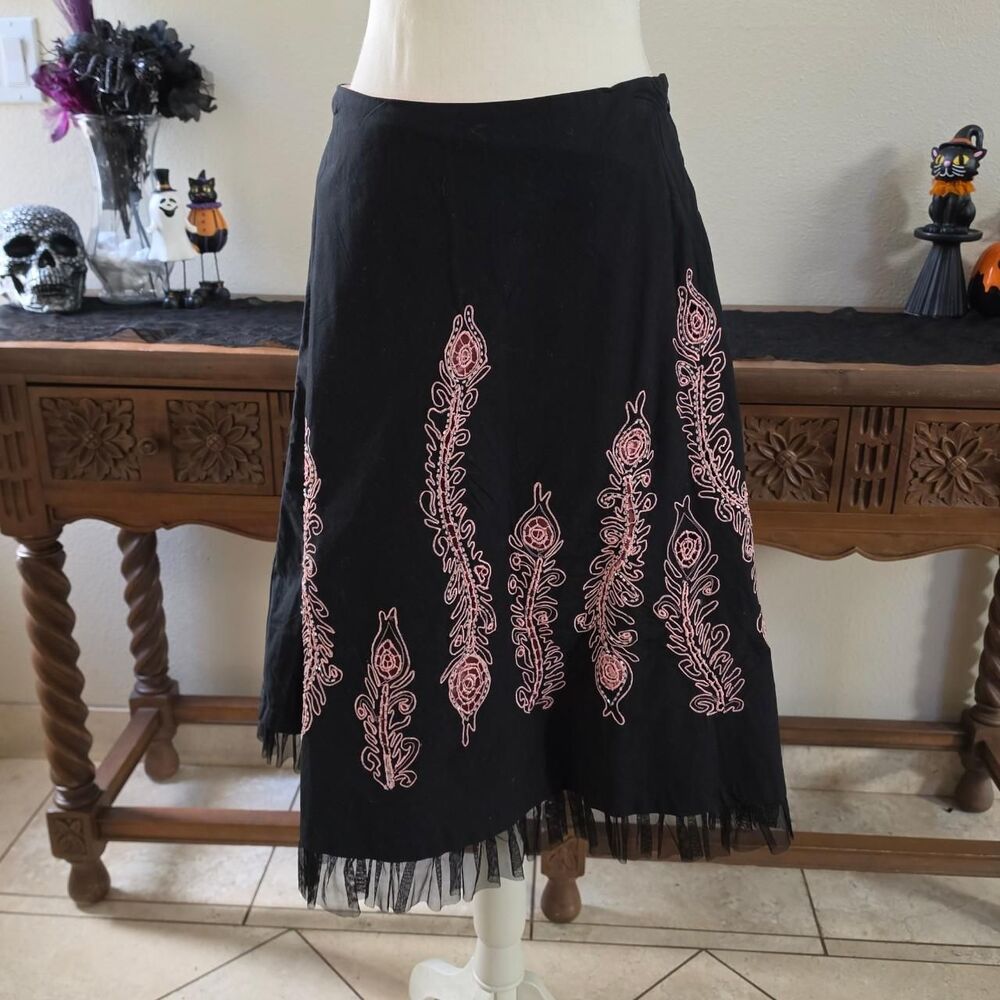 Vintage Whimsygoth Basil and Maude Black and Pink Embroidered Lace Skirt